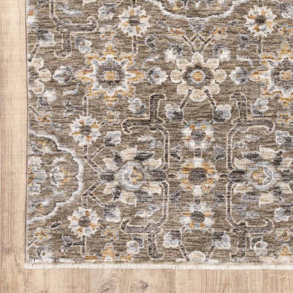 2" X 3" Grey And Tan Floral Power Loom Stain Resistant Area Rug With Fringe
