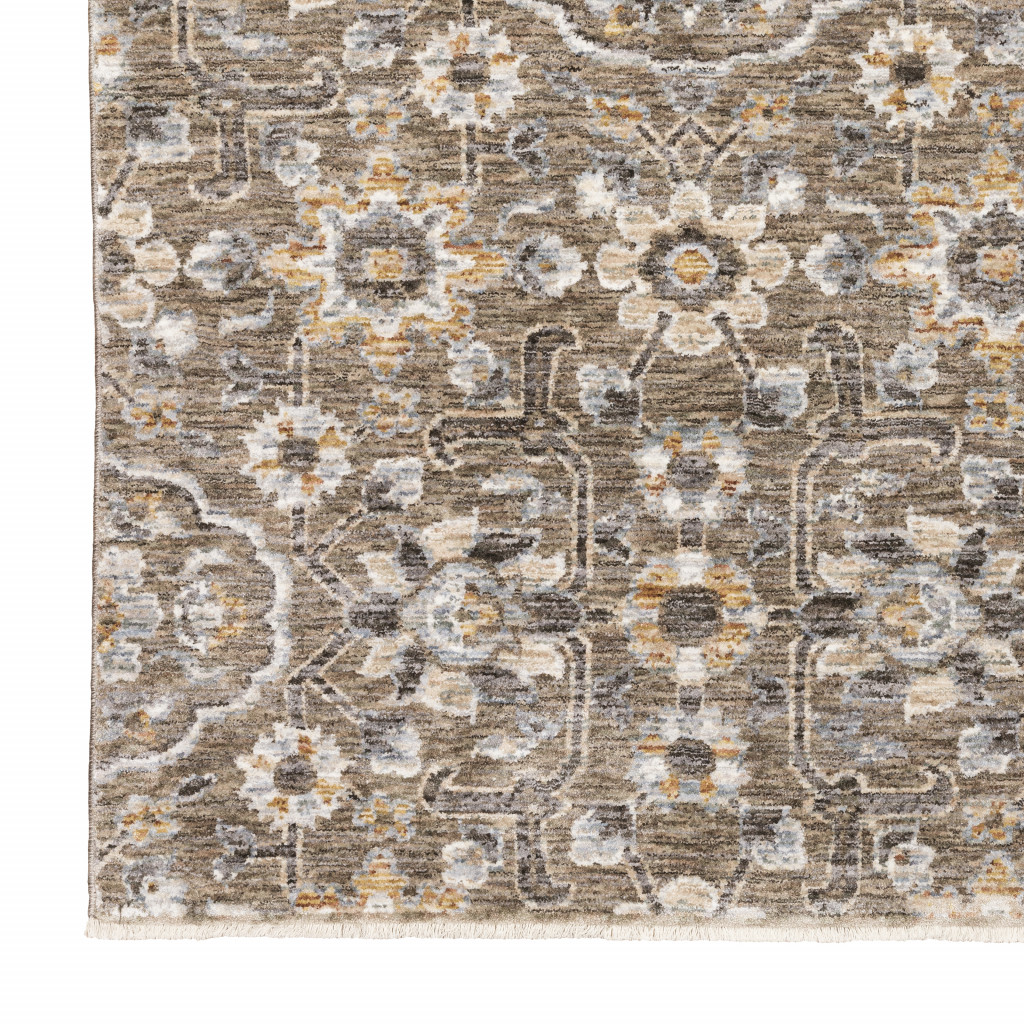 2" X 3" Grey And Tan Floral Power Loom Stain Resistant Area Rug With Fringe