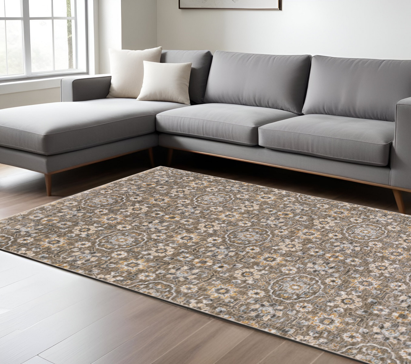8" X 11" Gray Floral Power Loom Area Rug With Fringe