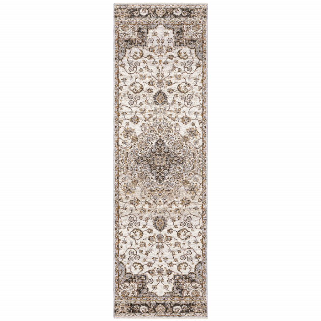 2" X 8" Ivory And Blue Oriental Power Loom Stain Resistant Runner Rug With Fringe