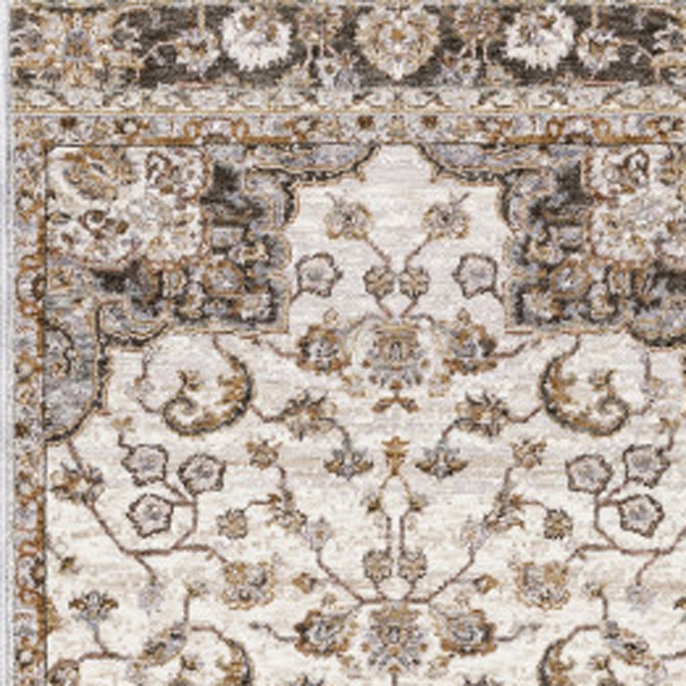 2" X 8" Ivory And Blue Oriental Power Loom Stain Resistant Runner Rug With Fringe