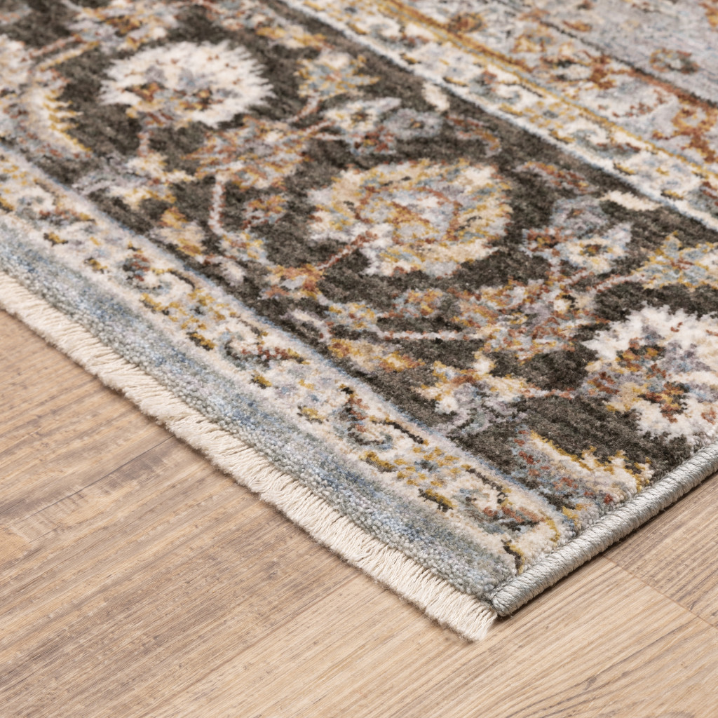 2" X 8" Ivory And Blue Oriental Power Loom Stain Resistant Runner Rug With Fringe