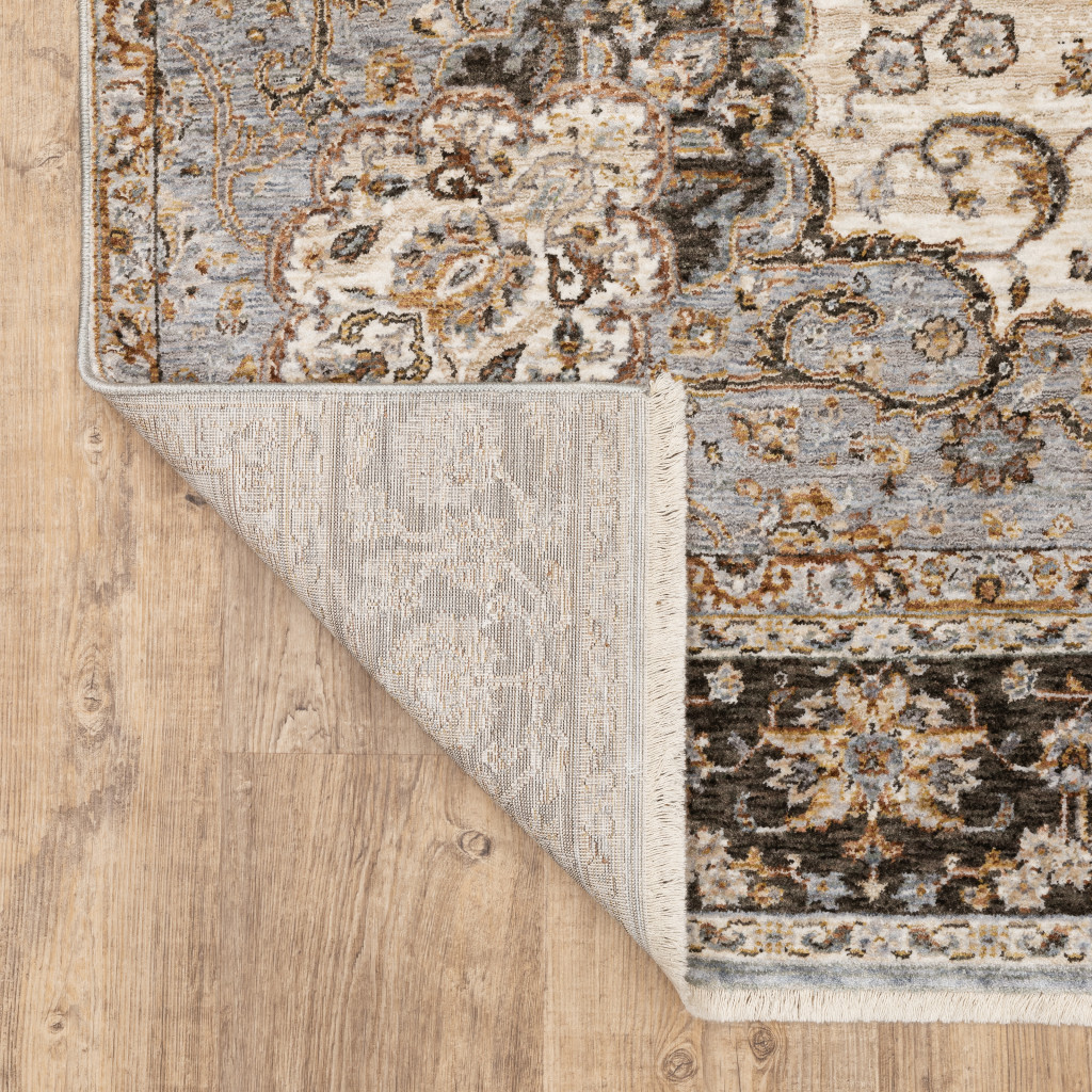 2" X 8" Ivory And Blue Oriental Power Loom Stain Resistant Runner Rug With Fringe