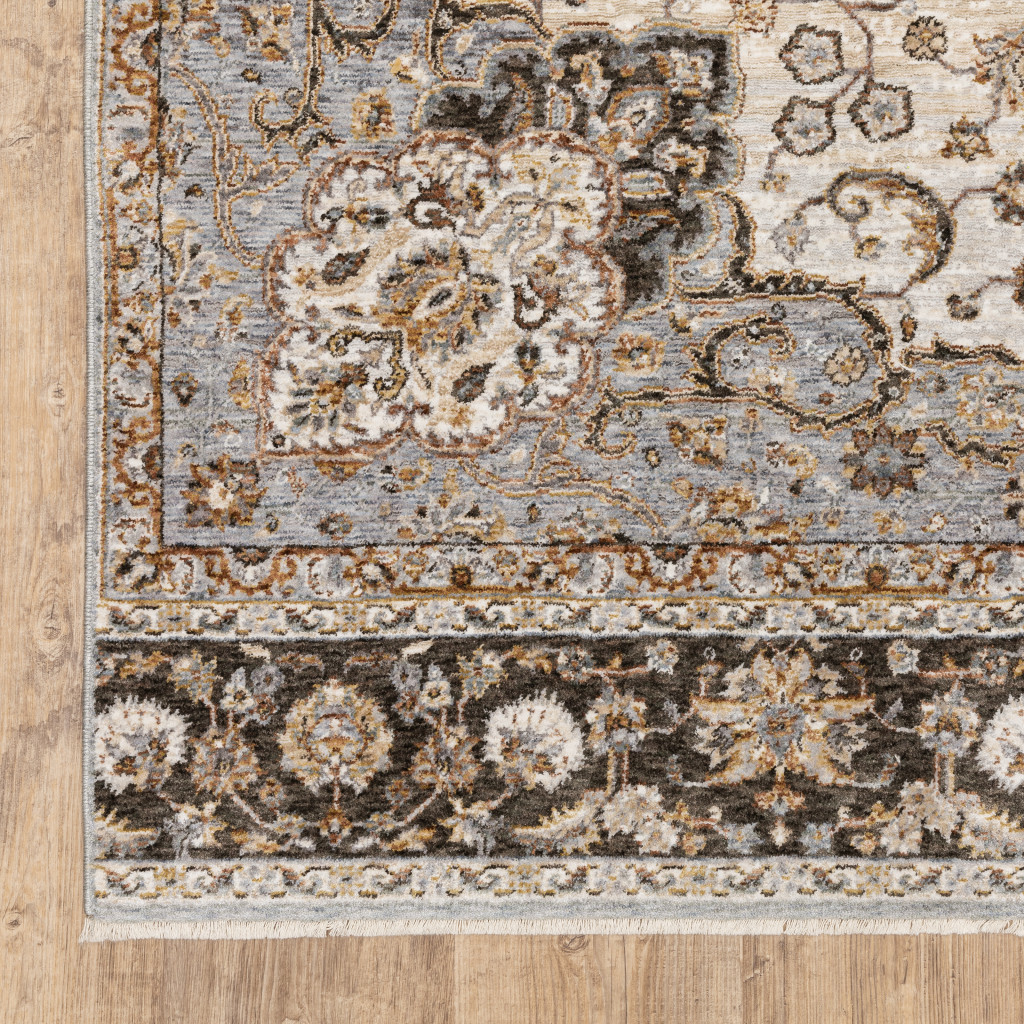 2" X 8" Ivory And Blue Oriental Power Loom Stain Resistant Runner Rug With Fringe