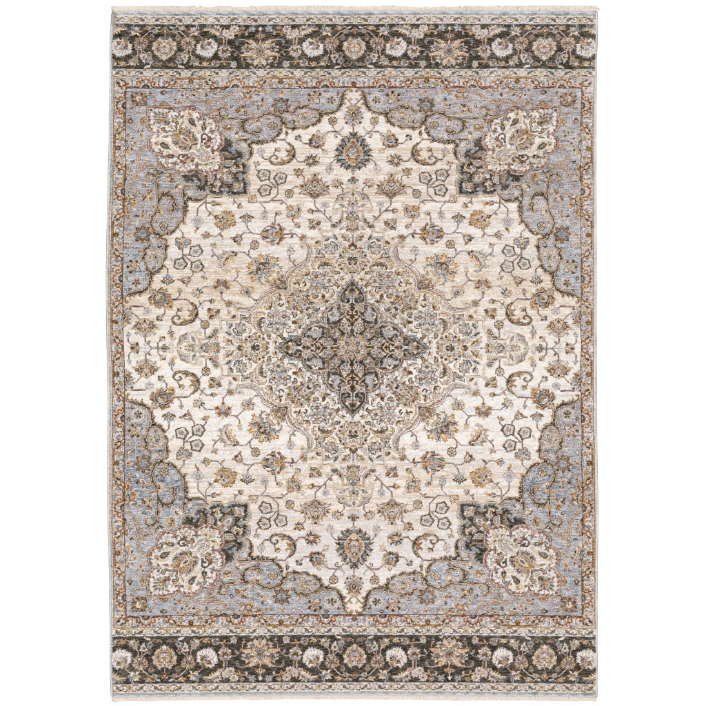 2" X 3" Ivory And Blue Oriental Power Loom Stain Resistant Area Rug With Fringe