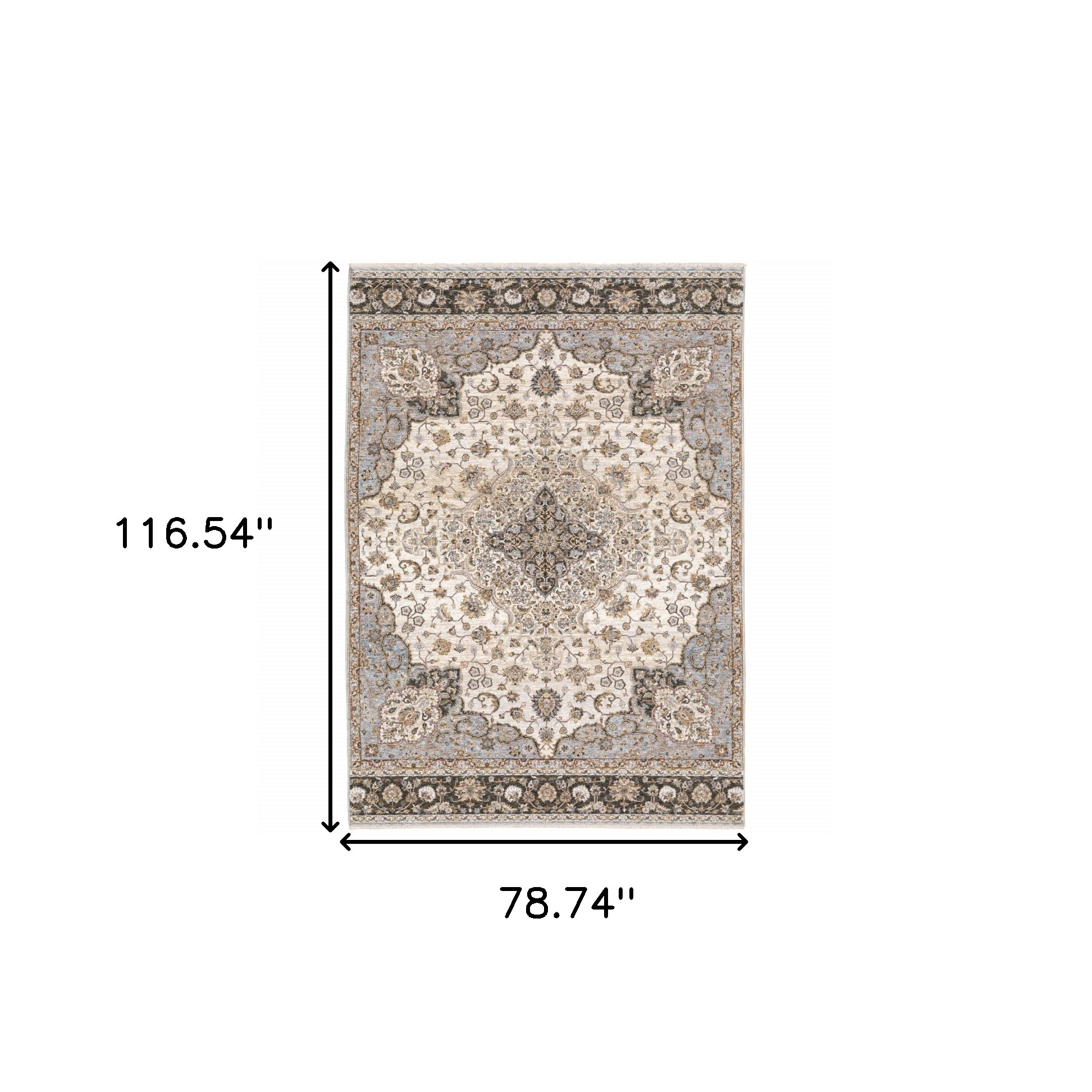 7" X 10" Ivory and Blue Oriental Power Loom Area Rug With Fringe