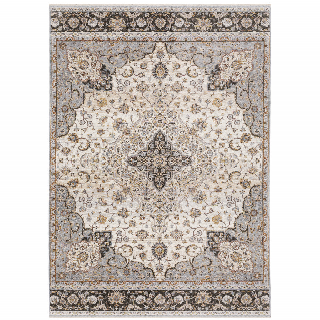 8" X 11" Ivory and Blue Oriental Power Loom Area Rug With Fringe