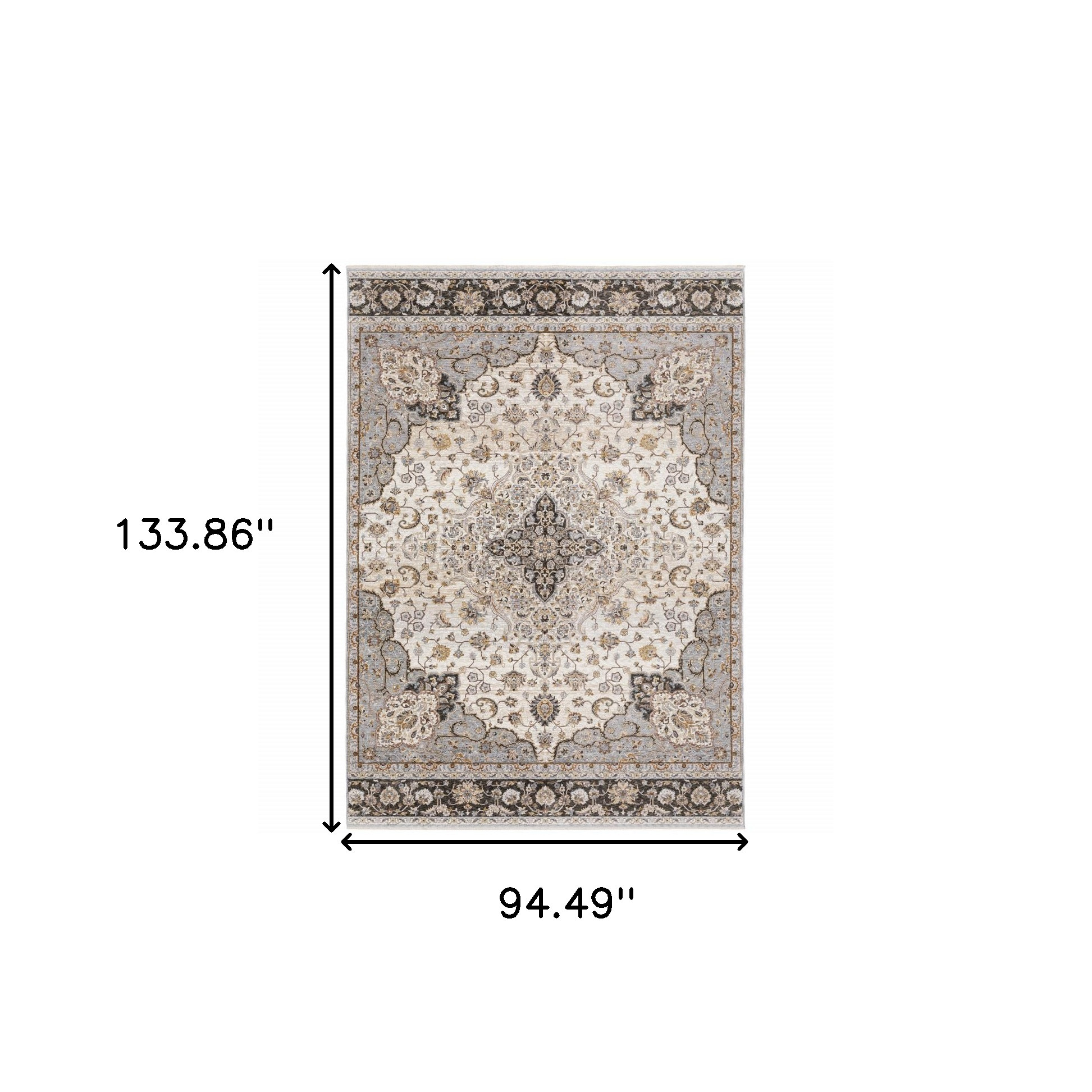8" X 11" Ivory and Blue Oriental Power Loom Area Rug With Fringe