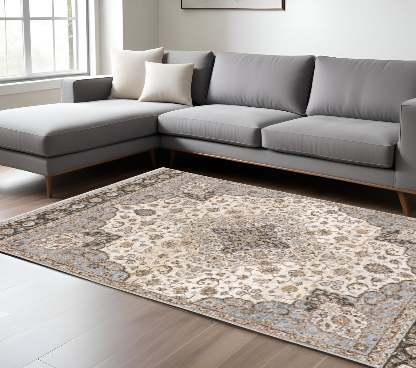 8" X 11" Ivory and Blue Oriental Power Loom Area Rug With Fringe