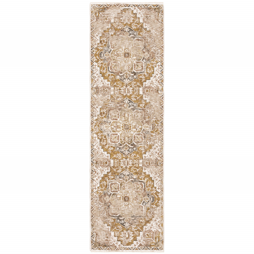 2" X 8" Gold And Ivory Oriental Power Loom Stain Resistant Runner Rug With Fringe