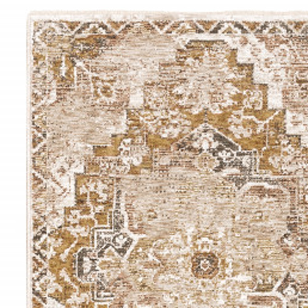 2" X 8" Gold And Ivory Oriental Power Loom Stain Resistant Runner Rug With Fringe