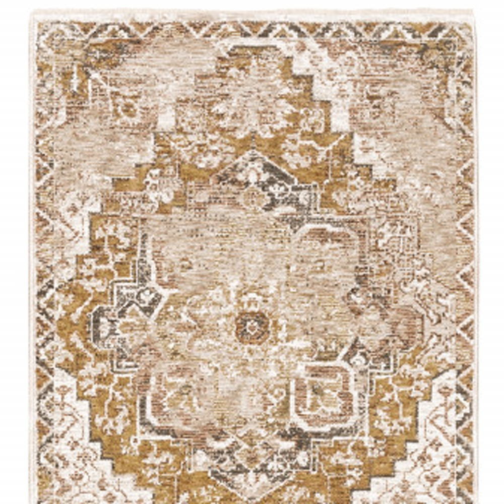 2" X 8" Gold And Ivory Oriental Power Loom Stain Resistant Runner Rug With Fringe