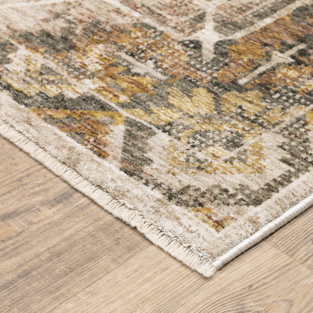 2" X 8" Gold And Ivory Oriental Power Loom Stain Resistant Runner Rug With Fringe