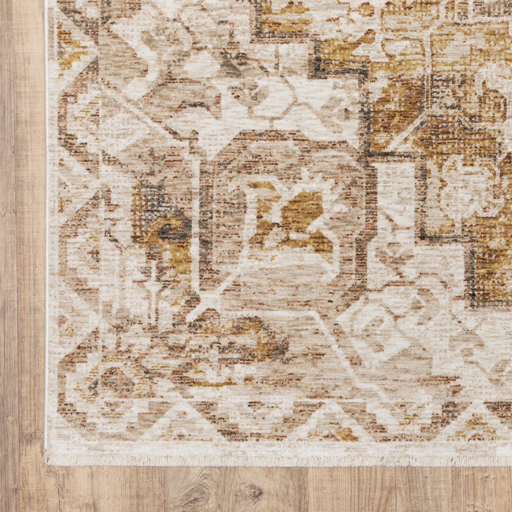 2" X 8" Gold And Ivory Oriental Power Loom Stain Resistant Runner Rug With Fringe