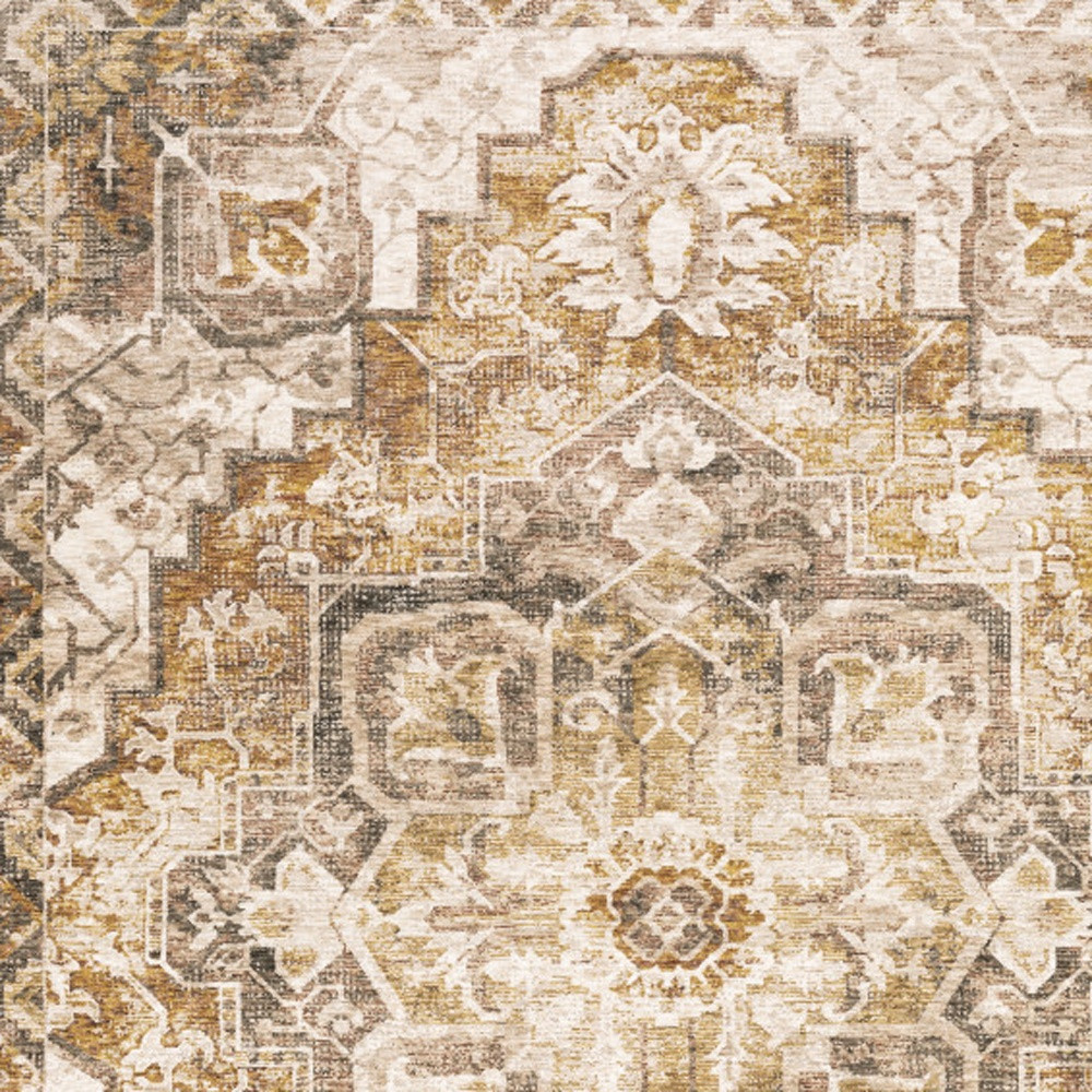 2" X 3" Gold And Ivory Oriental Power Loom Stain Resistant Area Rug With Fringe