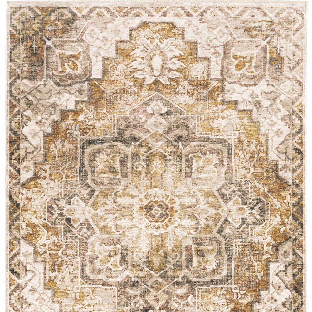 2" X 3" Gold And Ivory Oriental Power Loom Stain Resistant Area Rug With Fringe