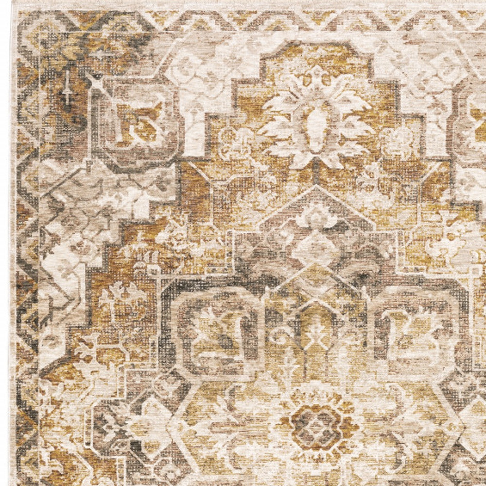 3" X 5" Gold And Ivory Oriental Power Loom Stain Resistant Area Rug With Fringe