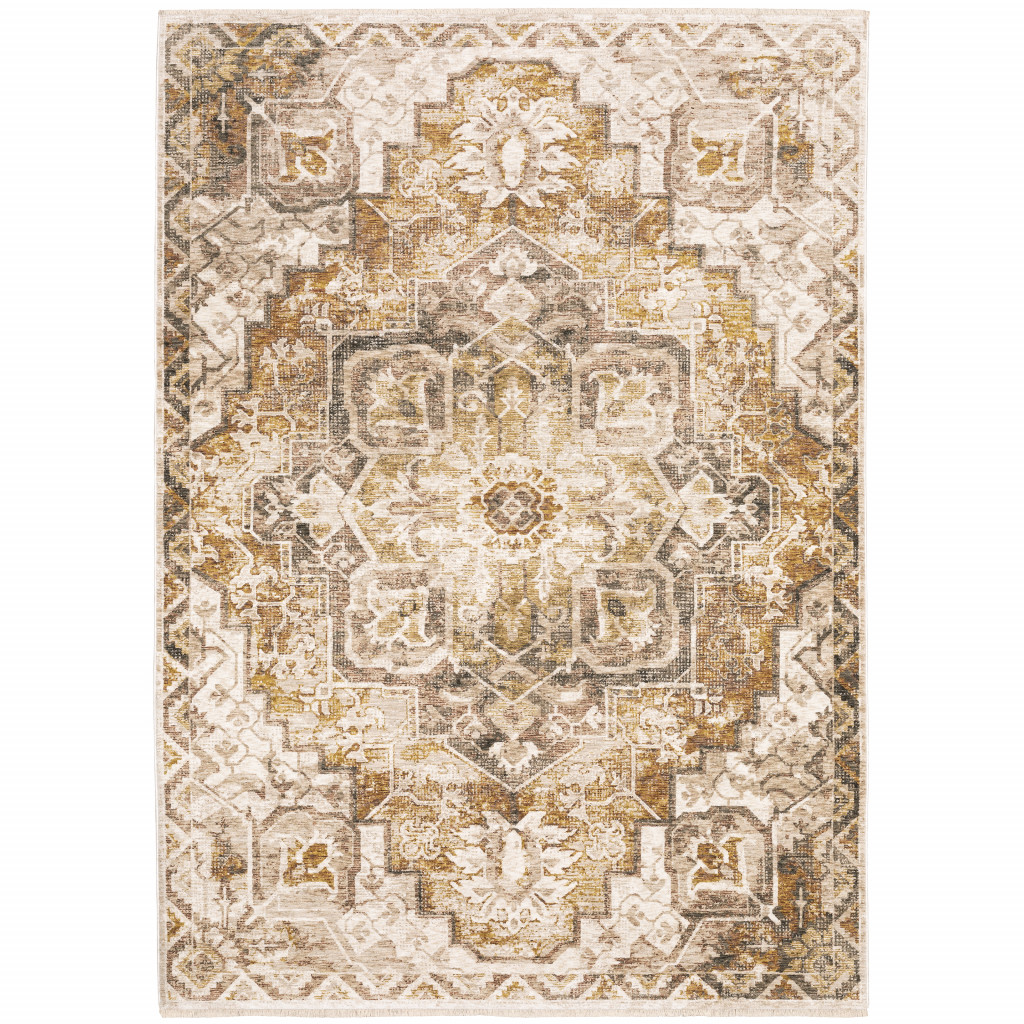 5" X 8" Gold And Ivory Oriental Power Loom Stain Resistant Area Rug With Fringe