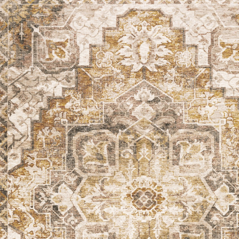6" X 9" Gold And Ivory Oriental Power Loom Stain Resistant Area Rug With Fringe