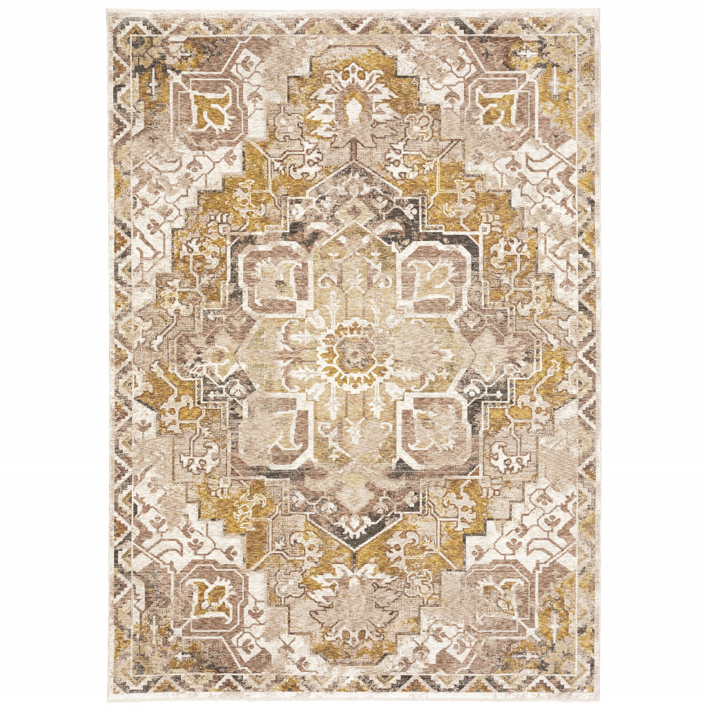 8" X 11" Gold And Ivory Oriental Power Loom Stain Resistant Area Rug With Fringe