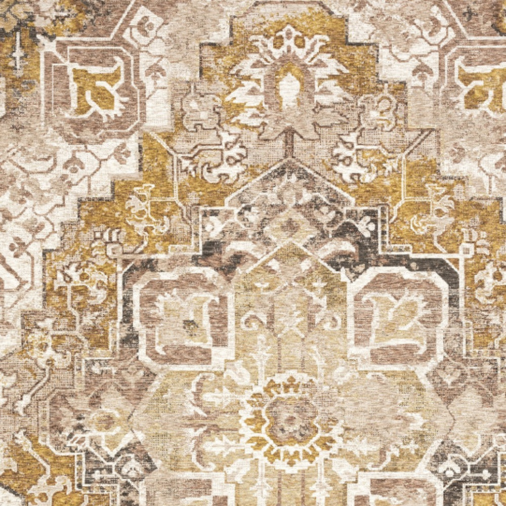 8" X 11" Gold And Ivory Oriental Power Loom Stain Resistant Area Rug With Fringe