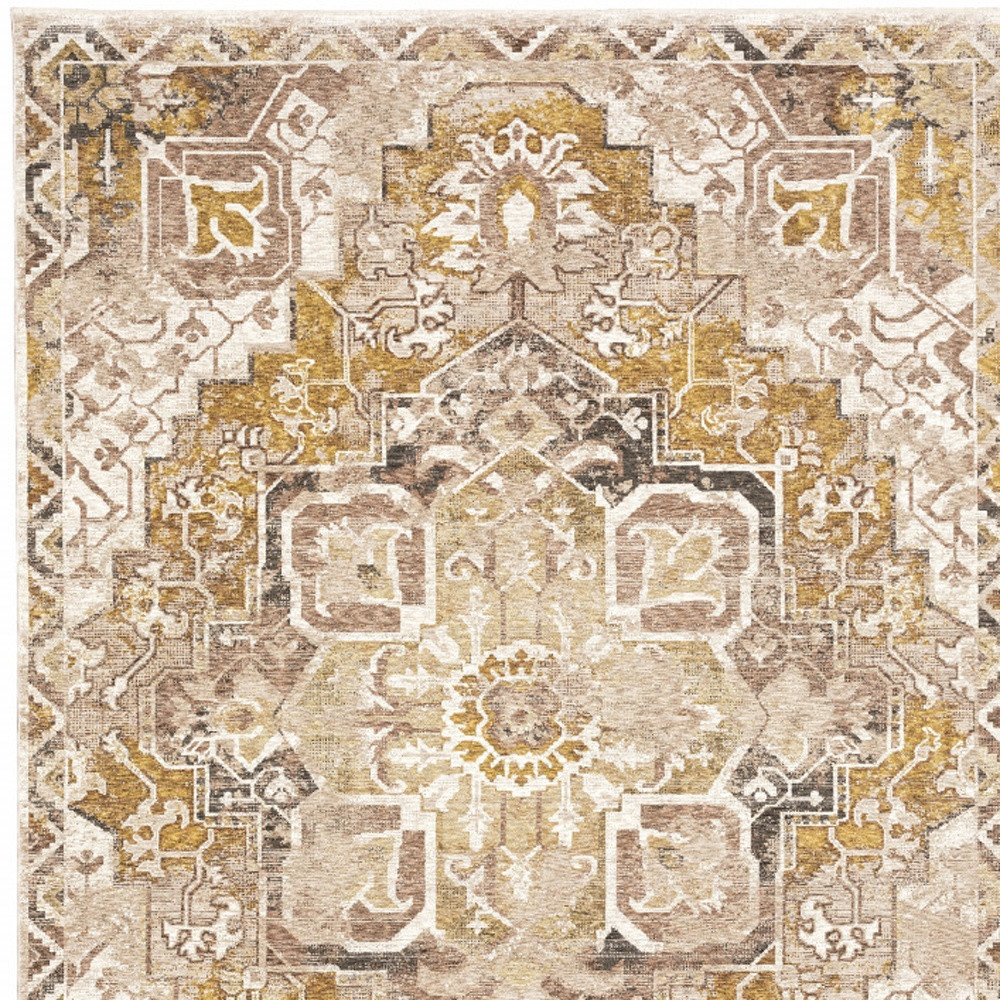 8" X 11" Gold And Ivory Oriental Power Loom Stain Resistant Area Rug With Fringe