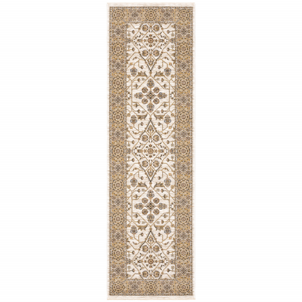 2" X 8" Ivory And Gold Oriental Power Loom Stain Resistant Runner Rug With Fringe