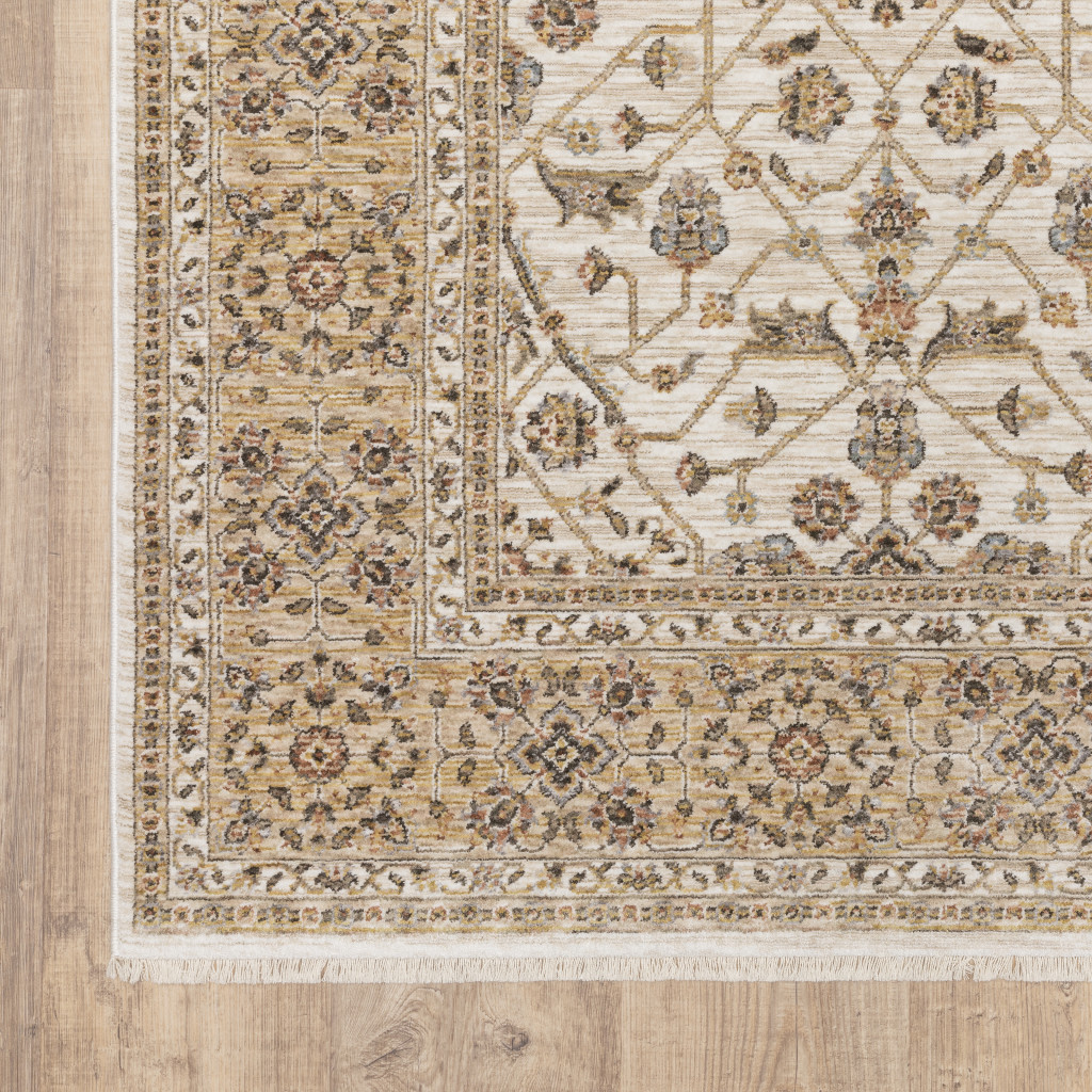 2" X 8" Ivory And Gold Oriental Power Loom Stain Resistant Runner Rug With Fringe