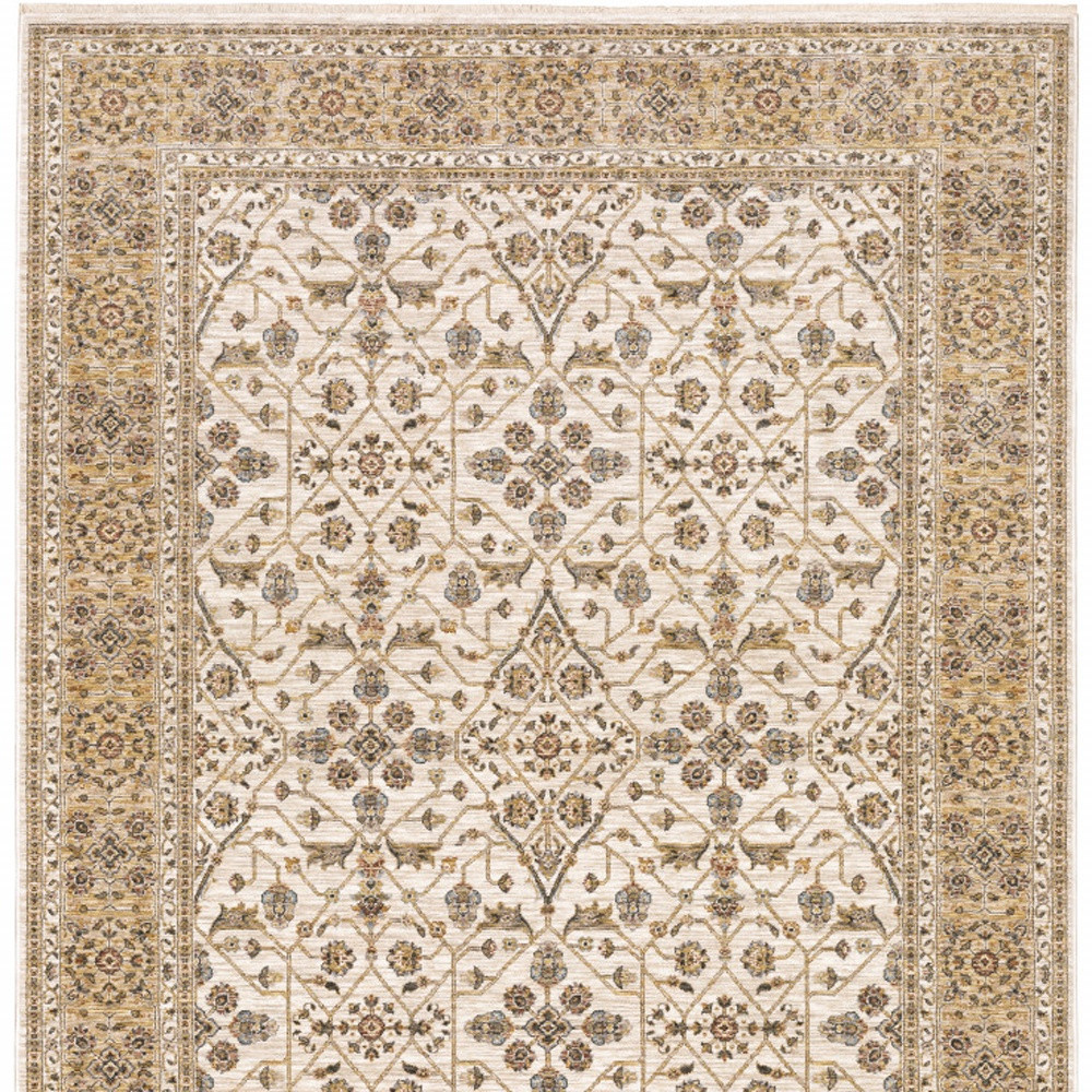 2" X 3" Ivory And Gold Oriental Power Loom Stain Resistant Area Rug With Fringe