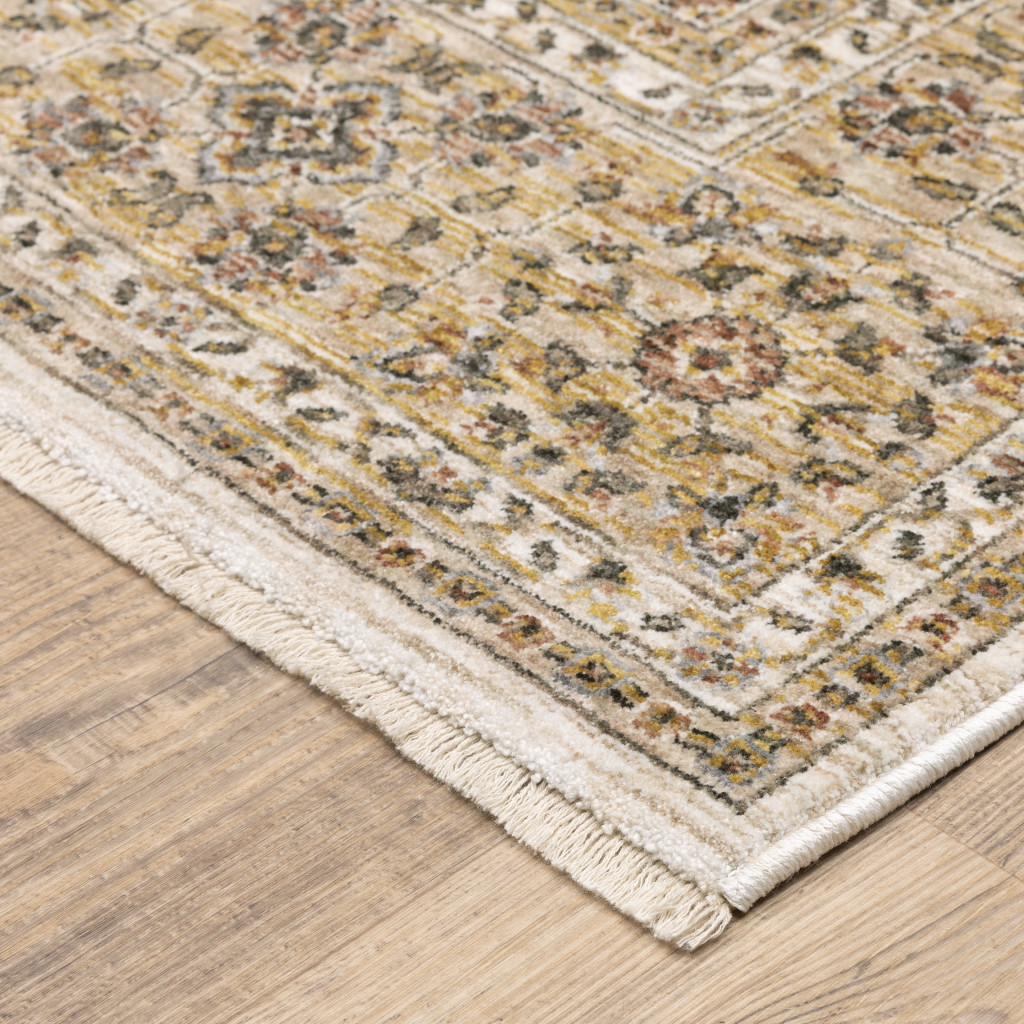 2" X 3" Ivory And Gold Oriental Power Loom Stain Resistant Area Rug With Fringe