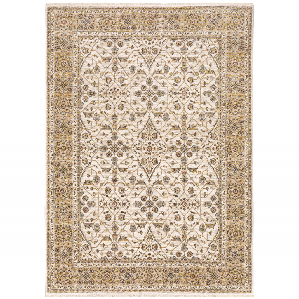 7" X 10" Gold and Ivory Oriental Power Loom Area Rug With Fringe