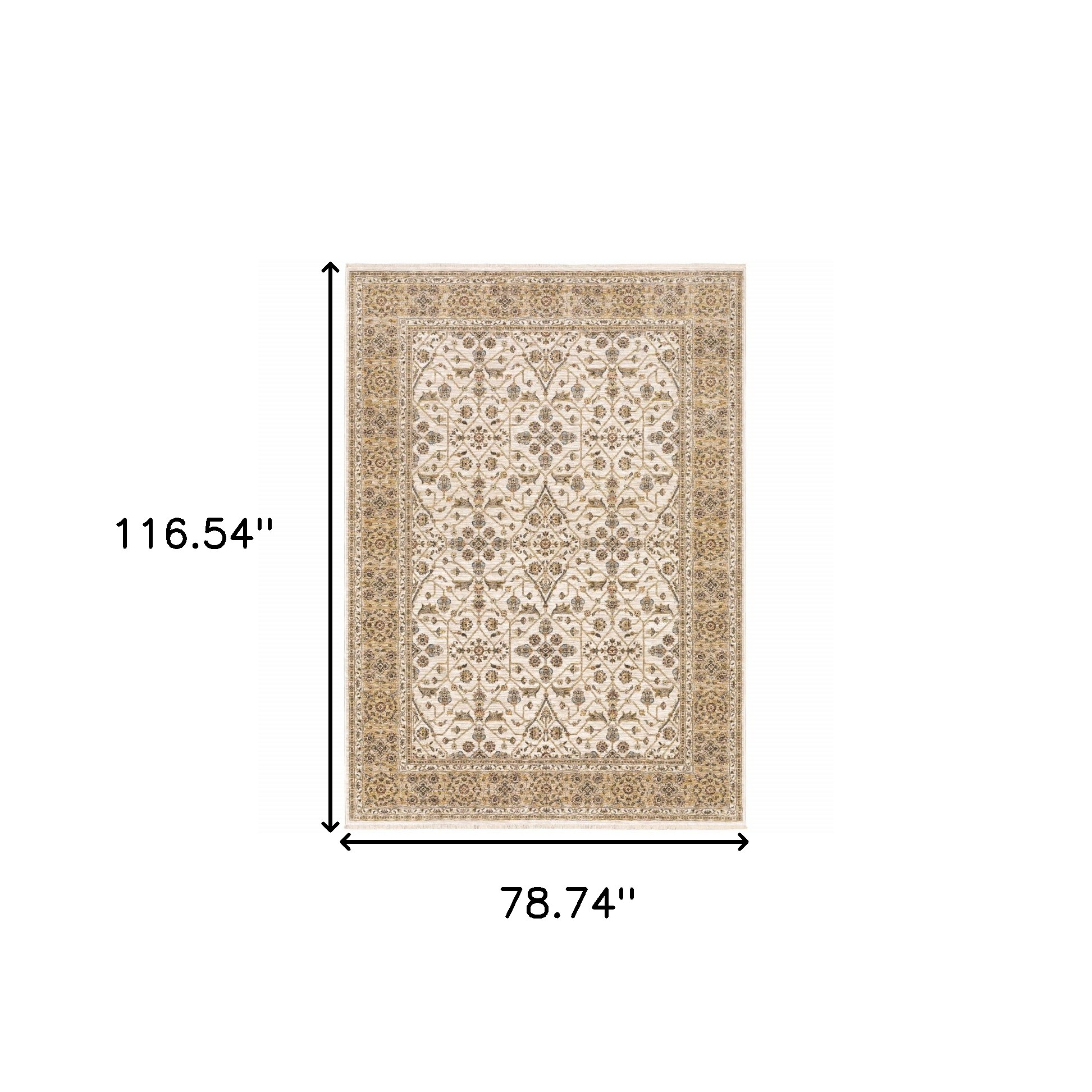 7" X 10" Gold and Ivory Oriental Power Loom Area Rug With Fringe