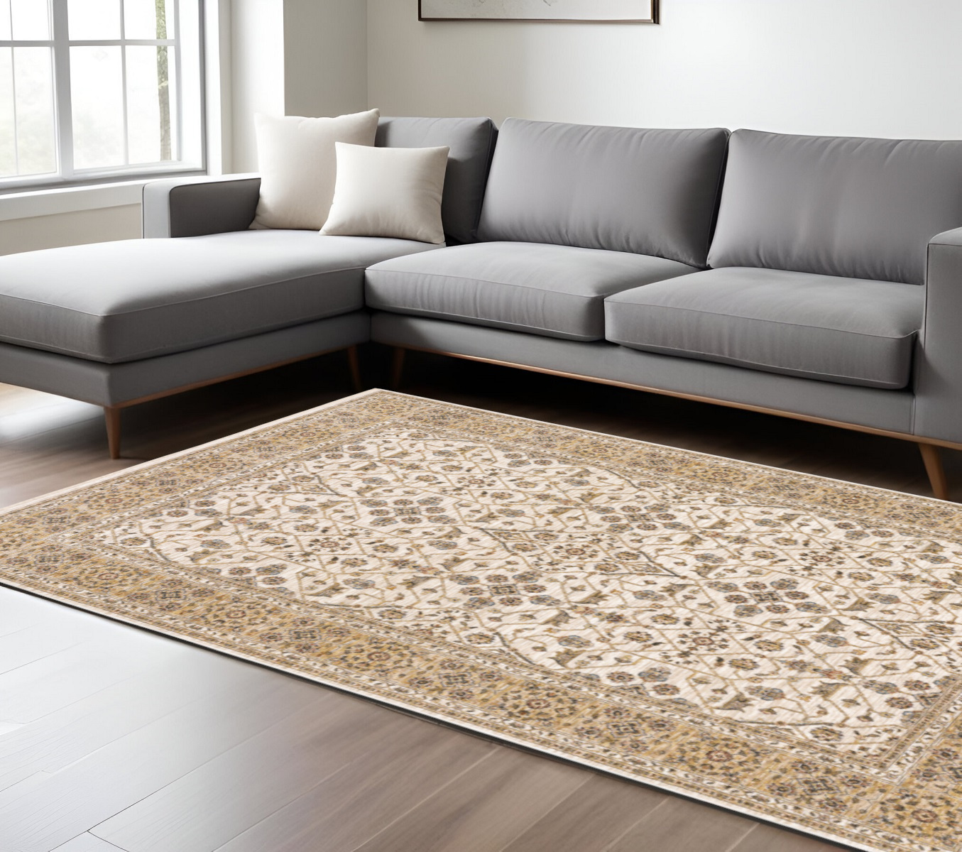 7" X 10" Gold and Ivory Oriental Power Loom Area Rug With Fringe