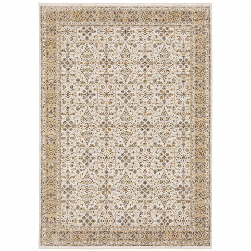 8" X 11" Gold and Ivory Oriental Power Loom Area Rug With Fringe