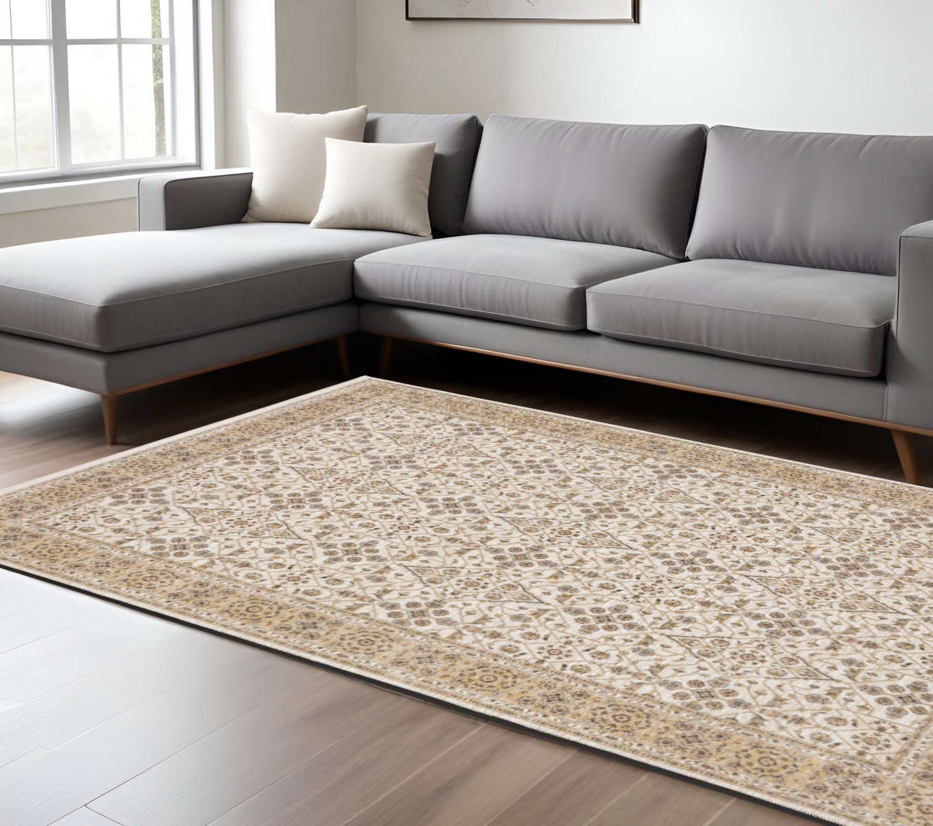 8" X 11" Gold and Ivory Oriental Power Loom Area Rug With Fringe