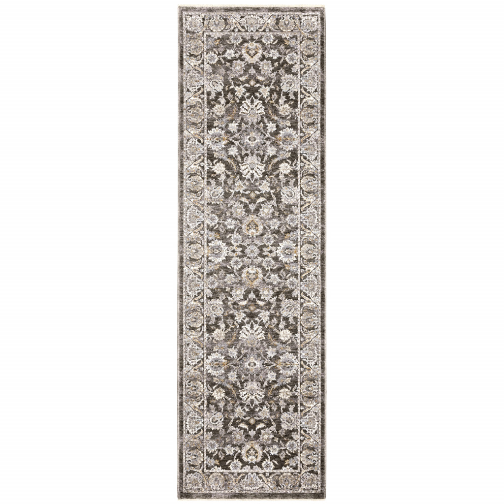 2" X 8" Grey And Ivory Oriental Power Loom Stain Resistant Runner Rug With Fringe