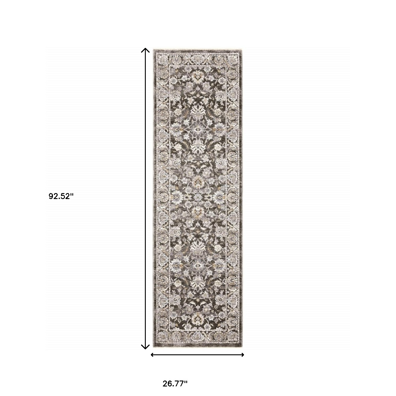 2" X 8" Grey And Ivory Oriental Power Loom Stain Resistant Runner Rug With Fringe