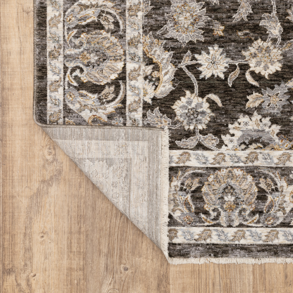 2" X 8" Grey And Ivory Oriental Power Loom Stain Resistant Runner Rug With Fringe