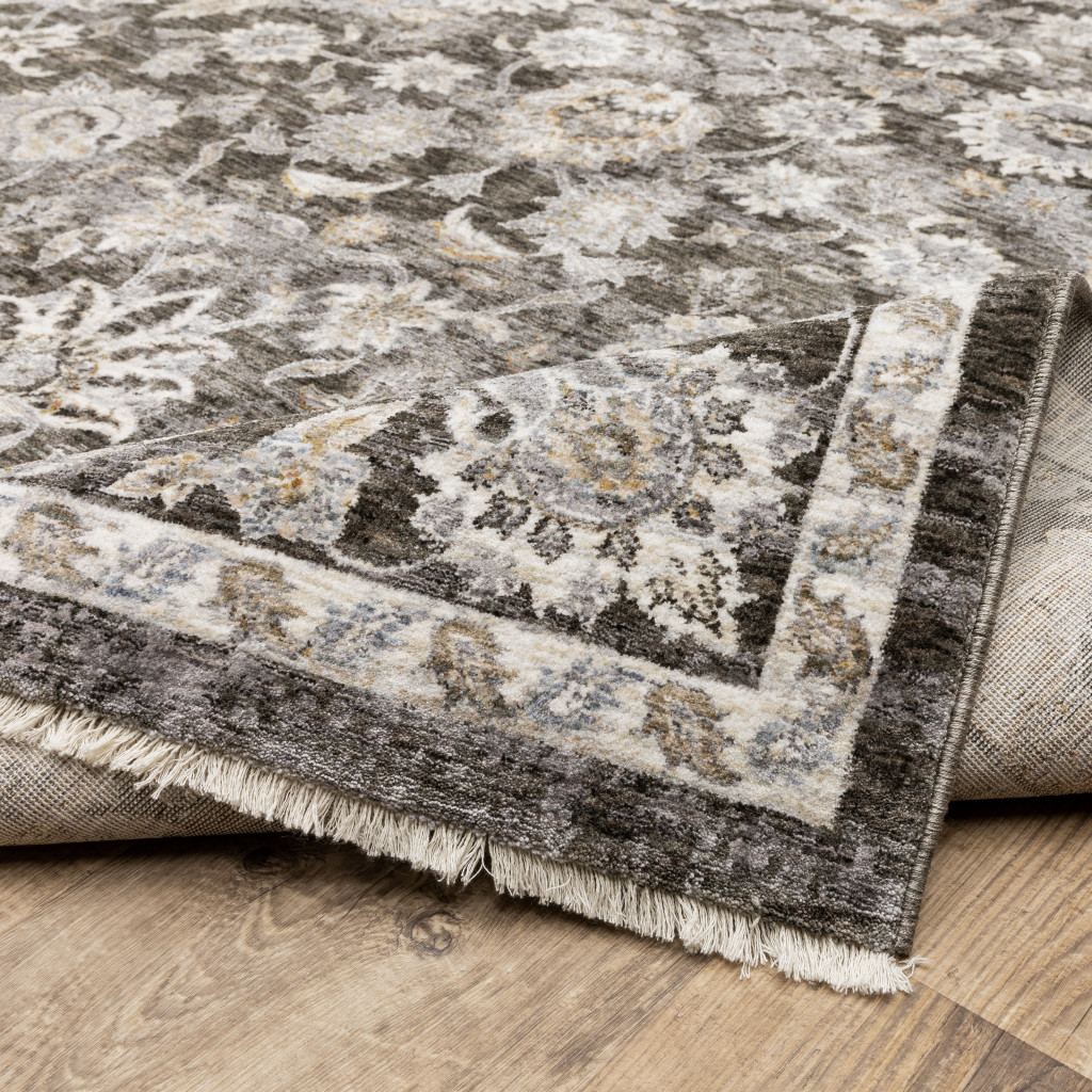2" X 8" Grey And Ivory Oriental Power Loom Stain Resistant Runner Rug With Fringe
