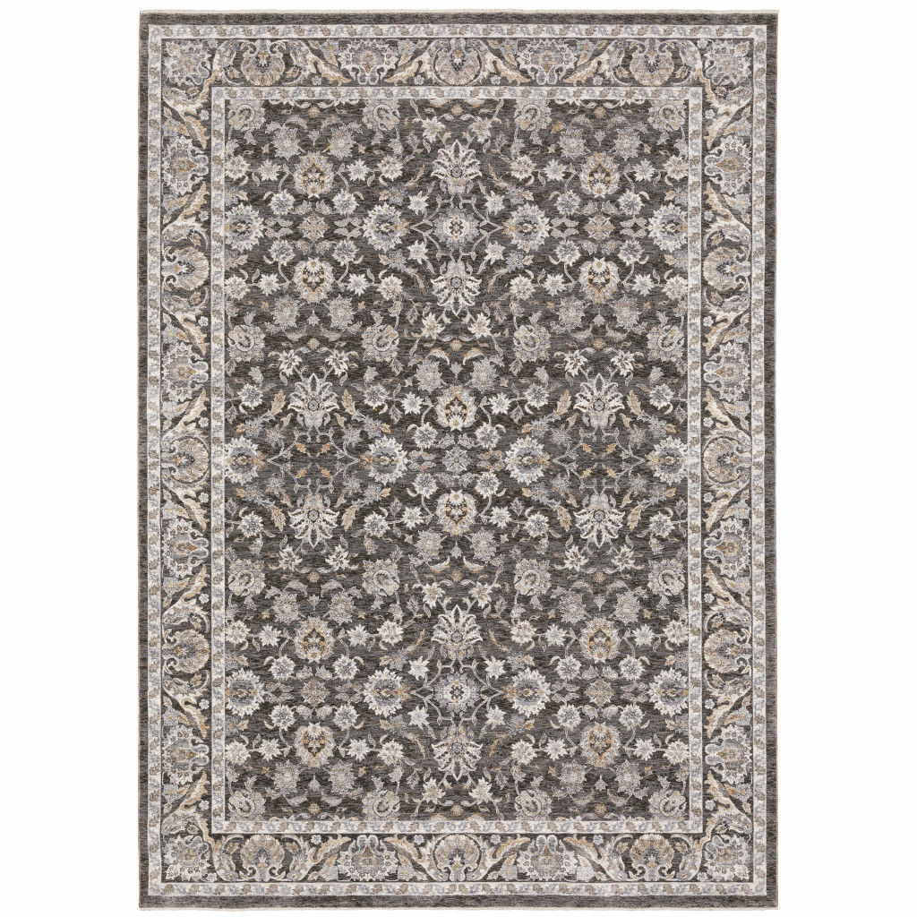 8" X 11" Grey And Ivory Oriental Power Loom Stain Resistant Area Rug With Fringe
