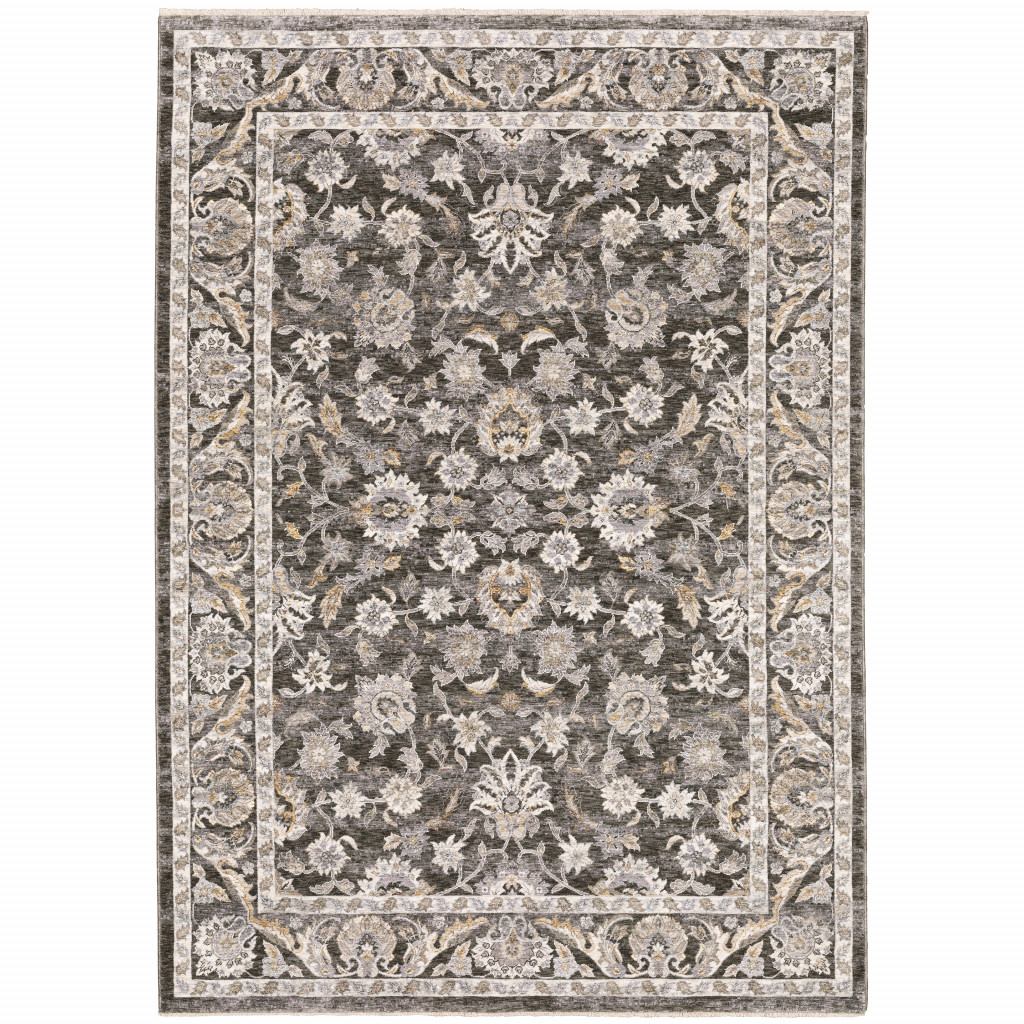 10" X 13" Grey And Ivory Oriental Power Loom Stain Resistant Area Rug With Fringe