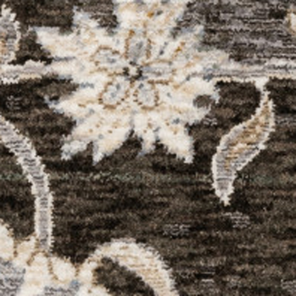 10" X 13" Grey And Ivory Oriental Power Loom Stain Resistant Area Rug With Fringe