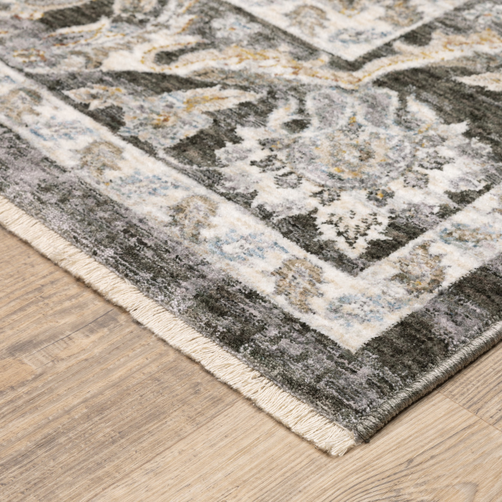10" X 13" Grey And Ivory Oriental Power Loom Stain Resistant Area Rug With Fringe