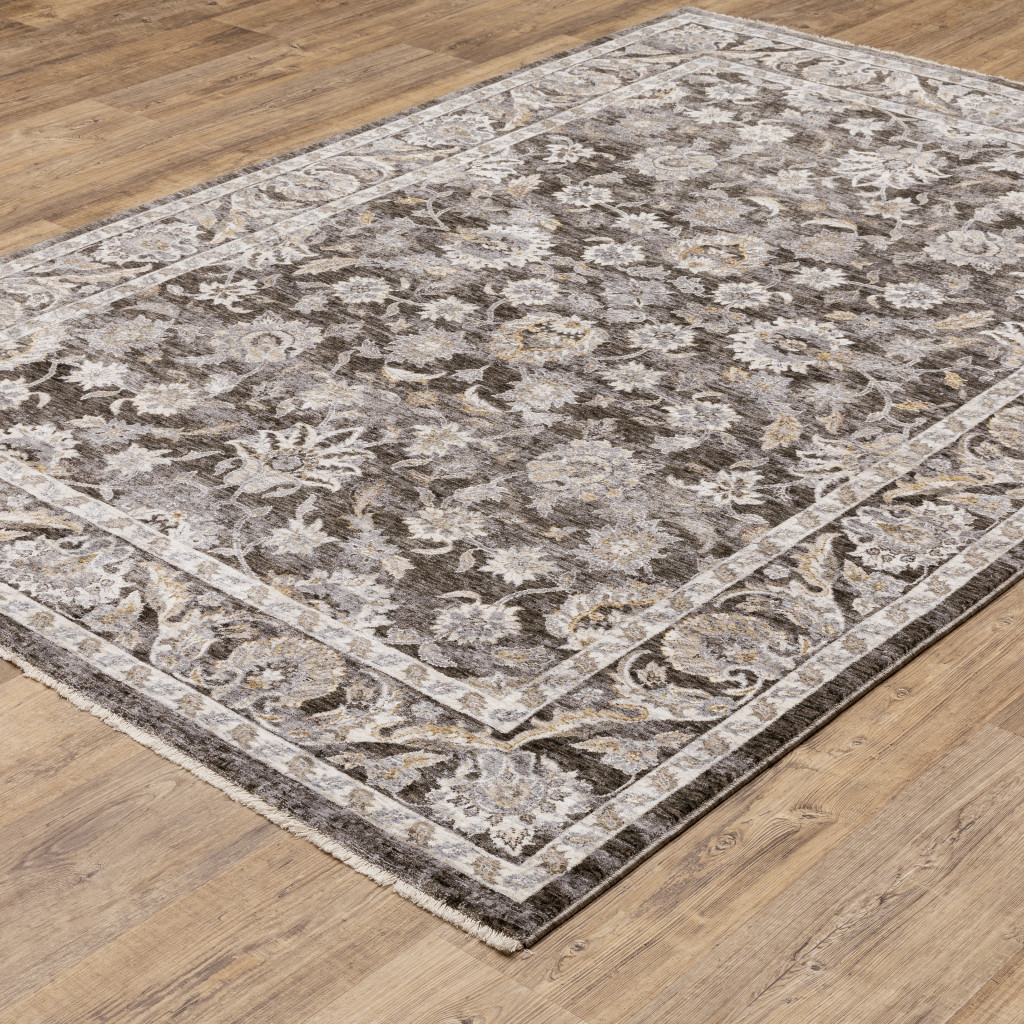 10" X 13" Grey And Ivory Oriental Power Loom Stain Resistant Area Rug With Fringe