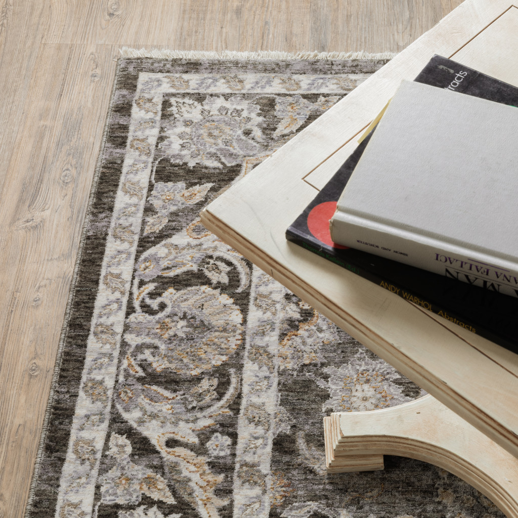 10" X 13" Grey And Ivory Oriental Power Loom Stain Resistant Area Rug With Fringe