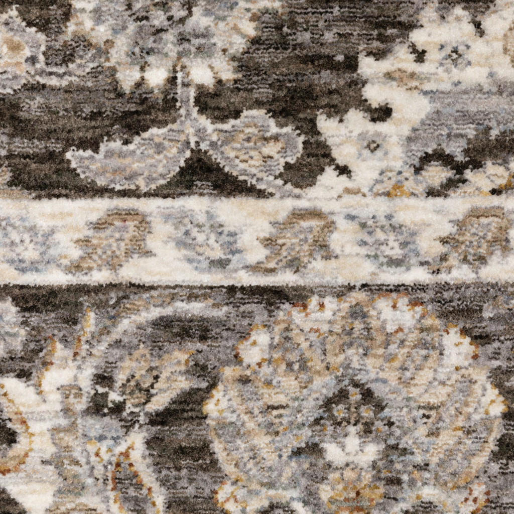 10" X 13" Grey And Ivory Oriental Power Loom Stain Resistant Area Rug With Fringe