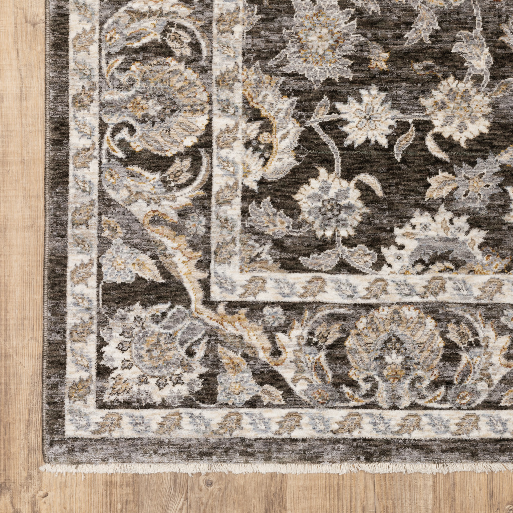 10" X 13" Grey And Ivory Oriental Power Loom Stain Resistant Area Rug With Fringe
