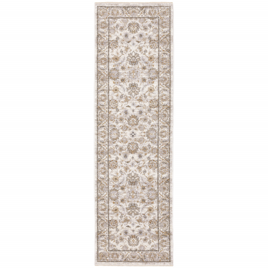 2" X 8" Ivory And Grey Oriental Power Loom Stain Resistant Runner Rug With Fringe