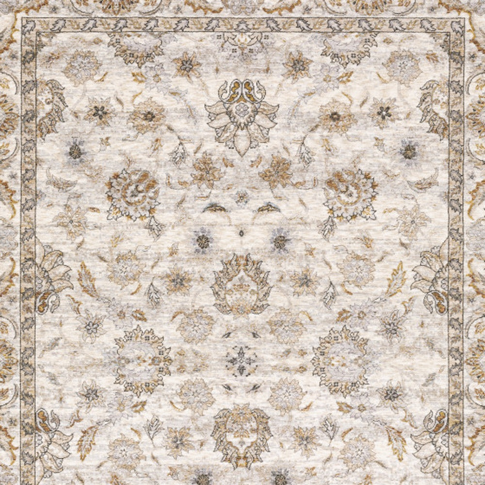 3" X 5" Ivory And Grey Oriental Power Loom Stain Resistant Area Rug With Fringe