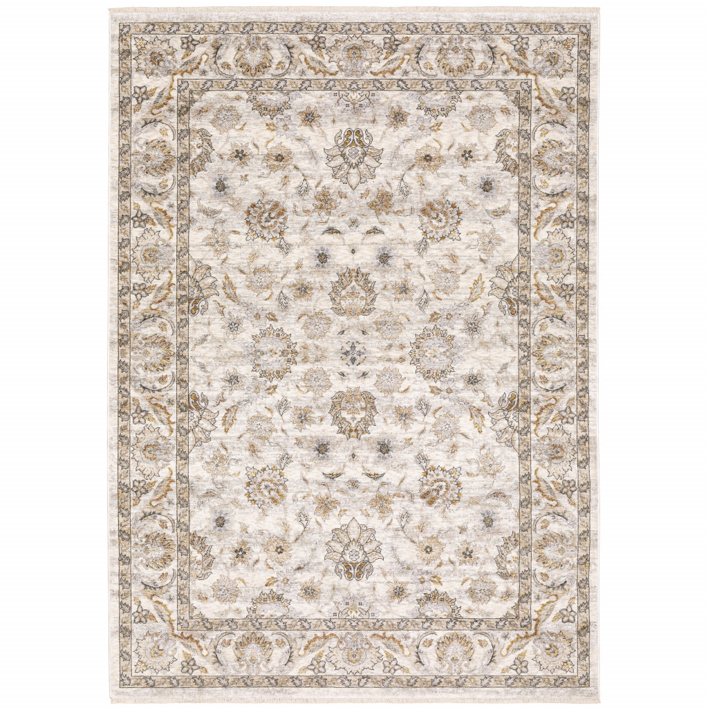 5" X 8" Ivory And Grey Oriental Power Loom Stain Resistant Area Rug With Fringe